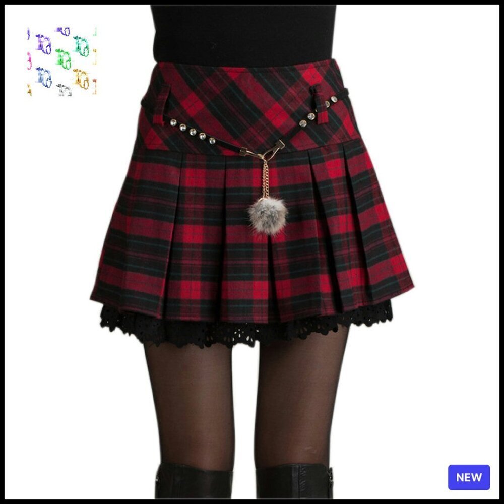 A-Line Plaid Wool Blend Pleated Skirt Mid-Waist Side Zipper Elegant